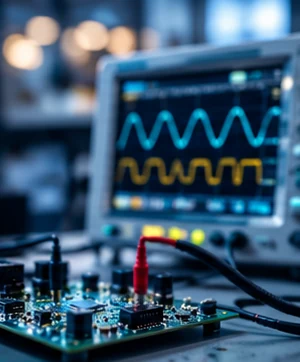 Elektronikmessplatz mit Oszilloskop und Prüfleitungen